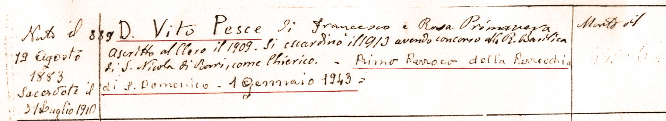 Documento di erezione parrocchia e parroco San Domenico Putignano